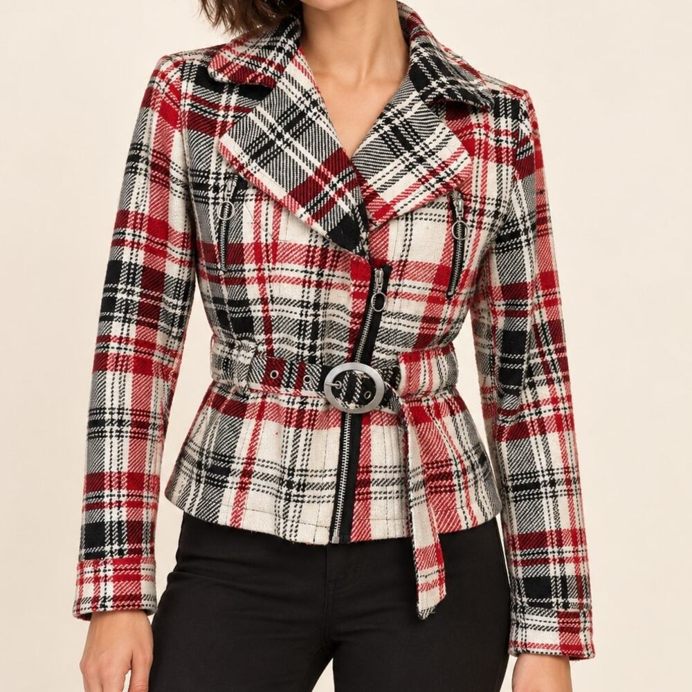 Plaid Moto Jacket Red Black Cream Belted Wool Blend Cato Small Zip Front Lined